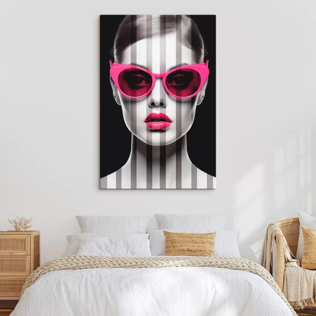Tableau Femme portant des lunettes roses à rayures noires et blanches s45315