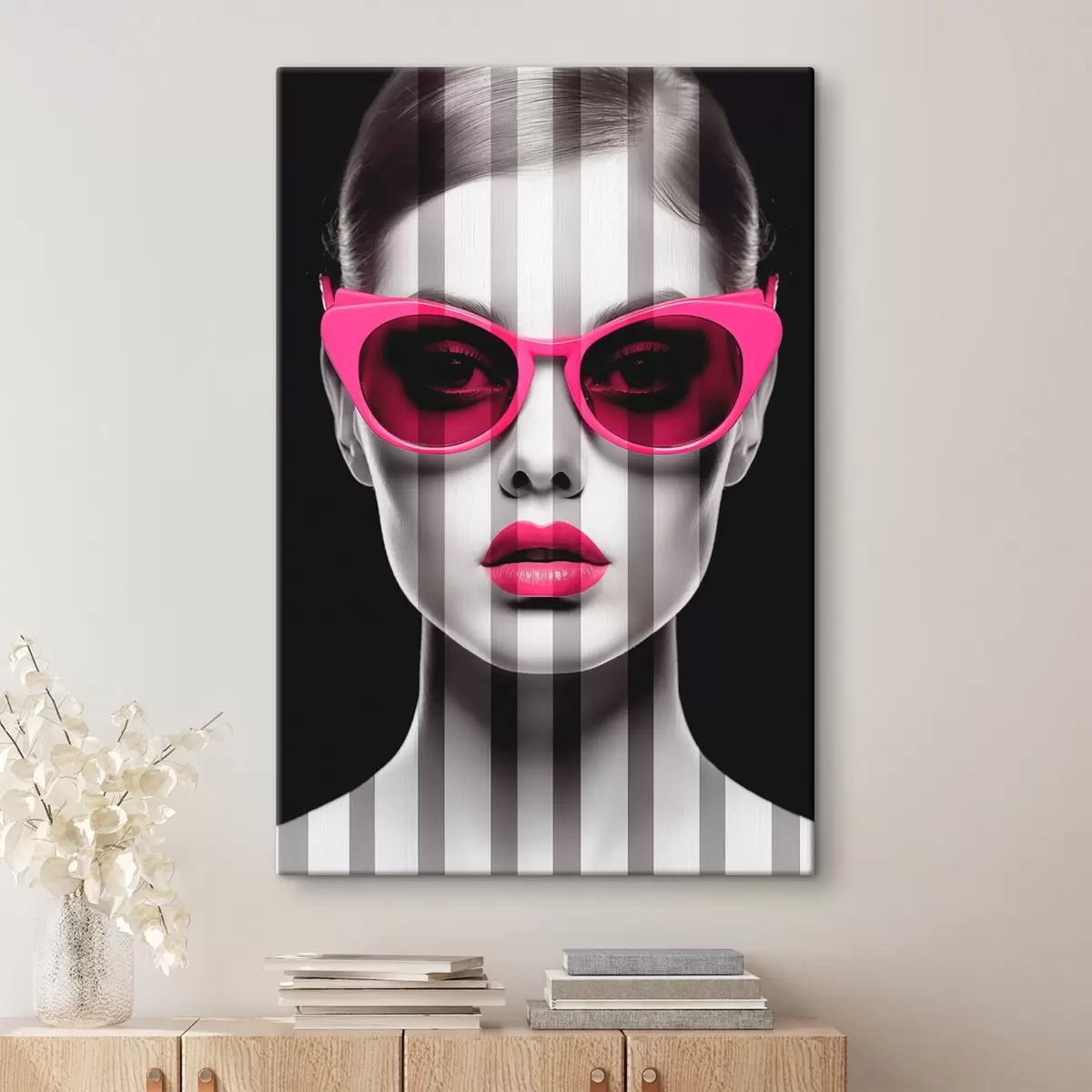 Tableau Femme portant des lunettes roses à rayures noires et blanches s45315