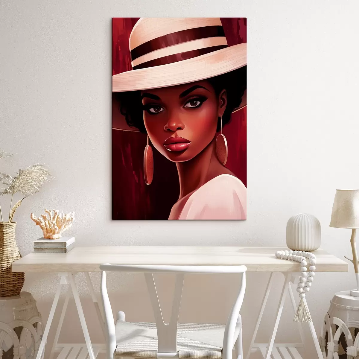 Tableau Femme portant un chapeau de couleur claire et des boucles d'oreilles rondes s45323