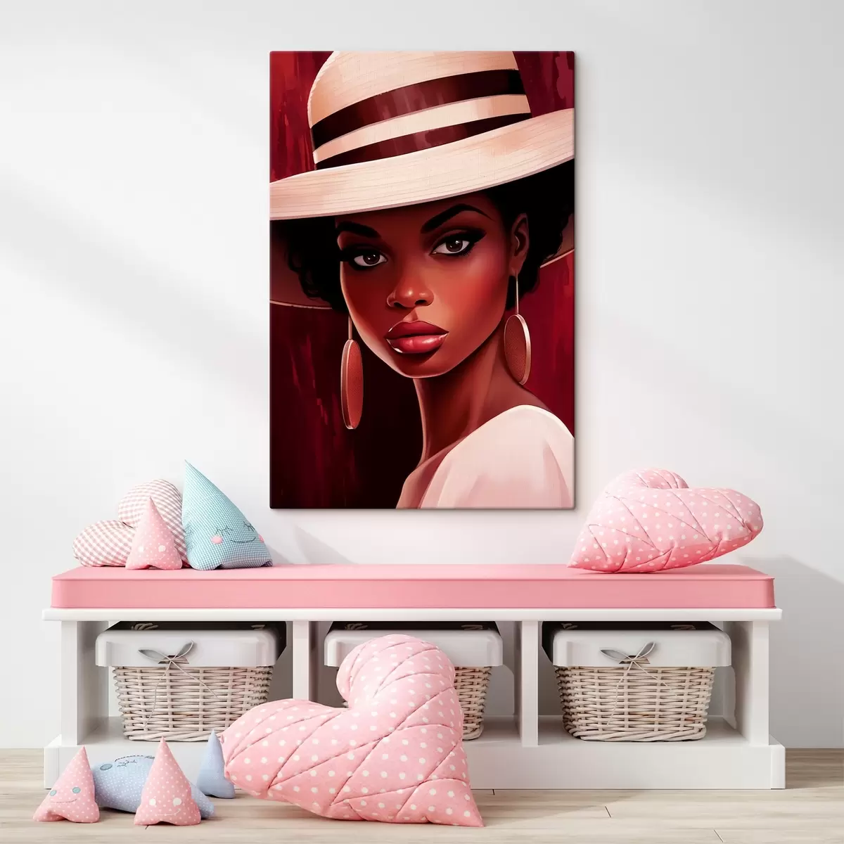 Tableau Femme portant un chapeau de couleur claire et des boucles d'oreilles rondes s45323