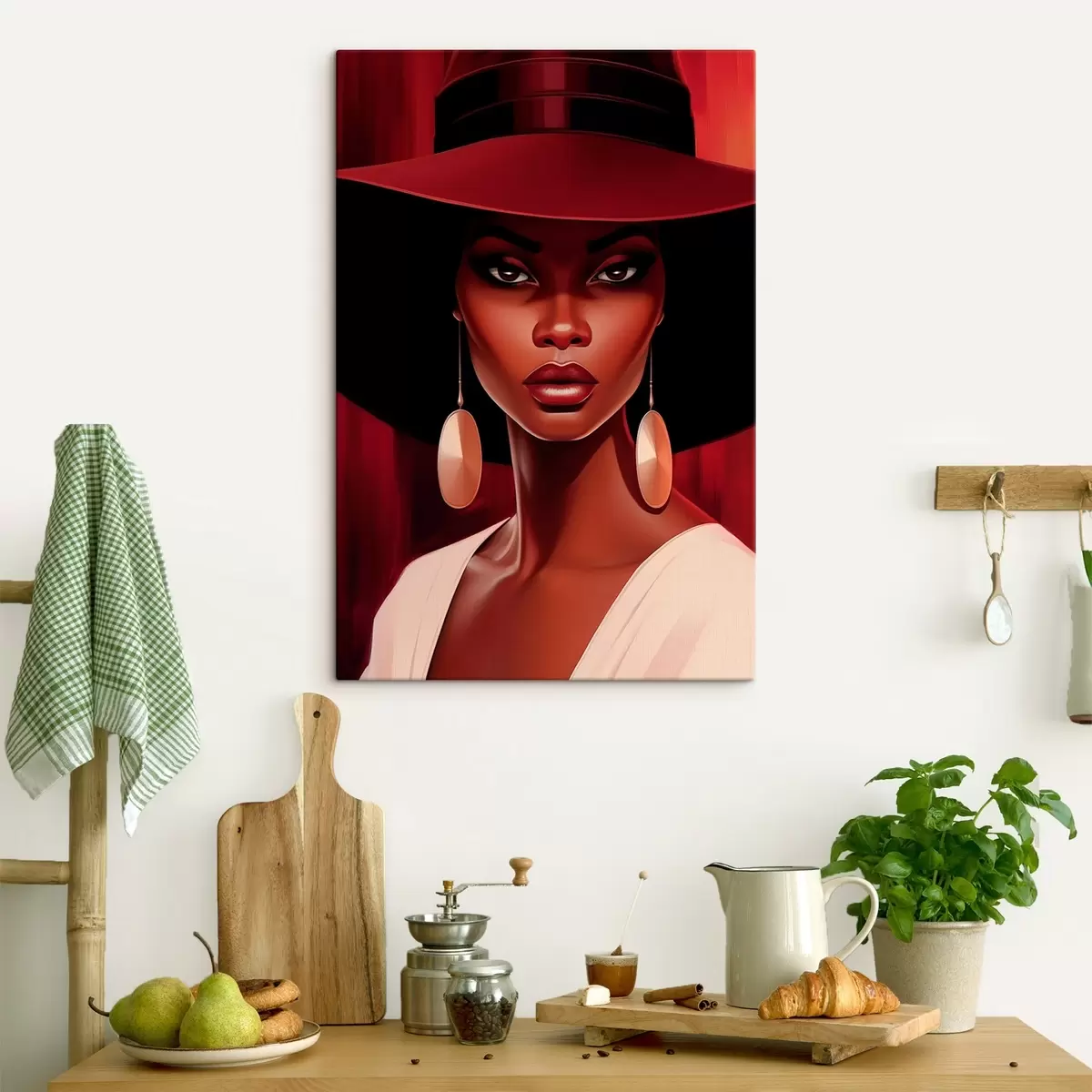 Tableau Femme avec un chapeau et des boucles d'oreilles rondes s45325