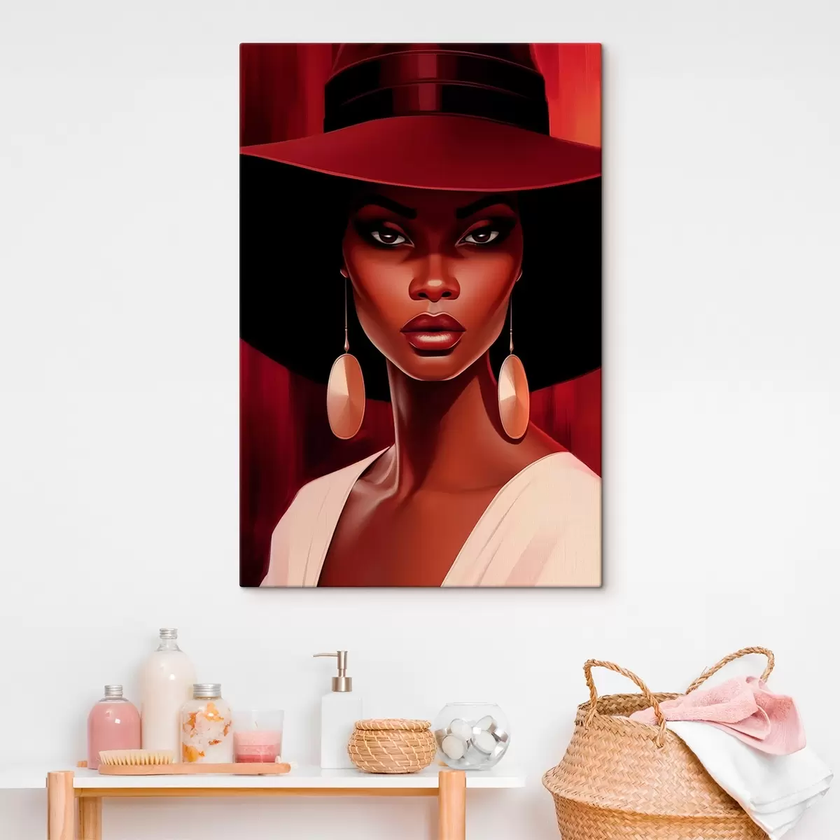 Tableau Femme avec un chapeau et des boucles d'oreilles rondes s45325