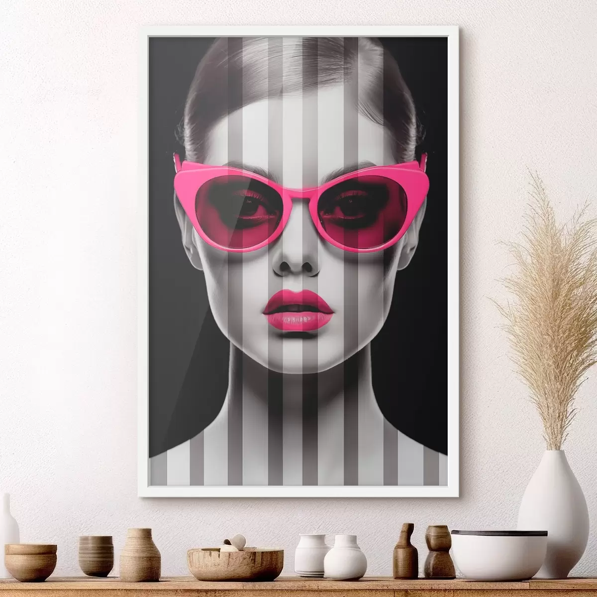 Poster Femme portant des lunettes roses à rayures noires et blanches f45315