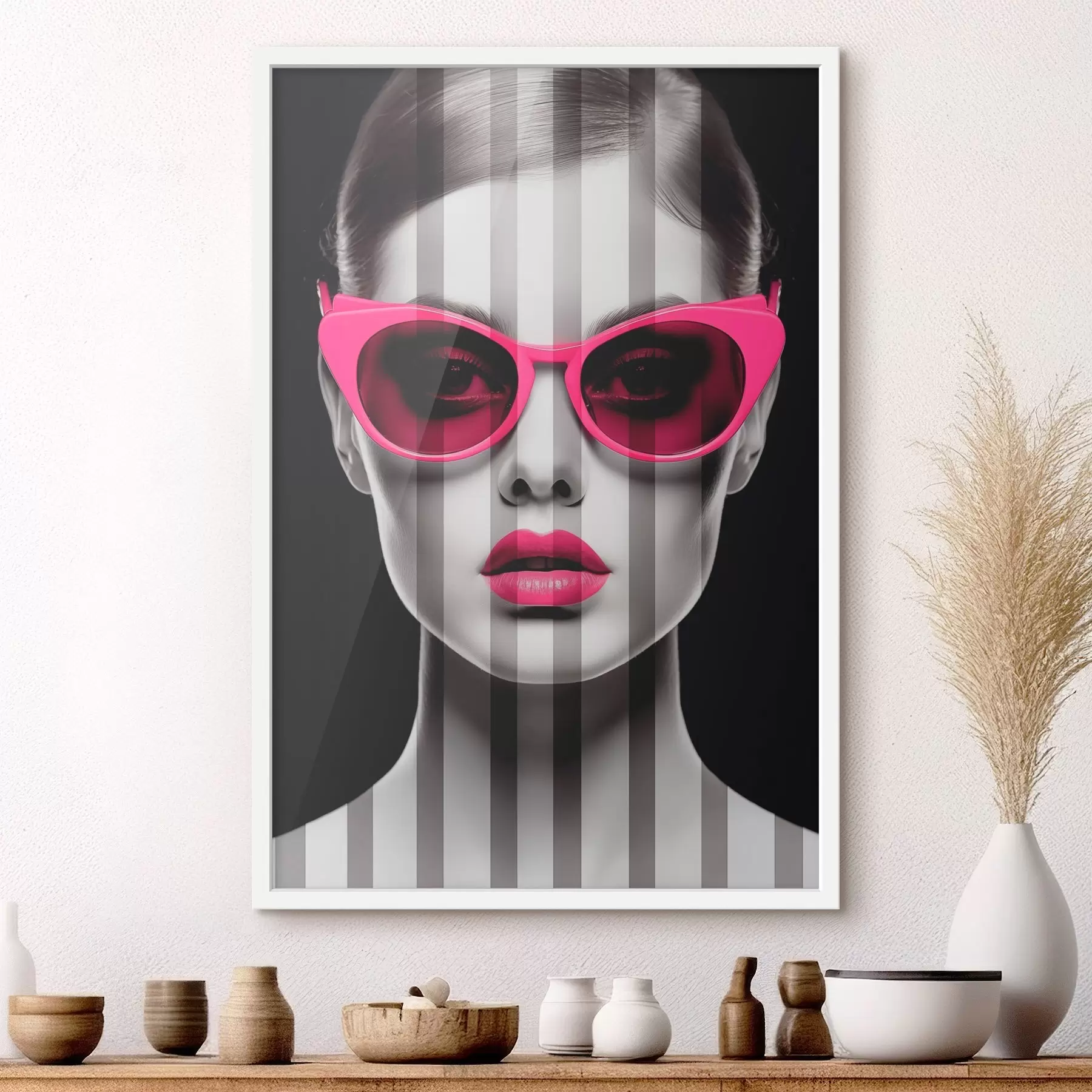 Papier peint Femme portant des lunettes roses à rayures noires et blanches f45315