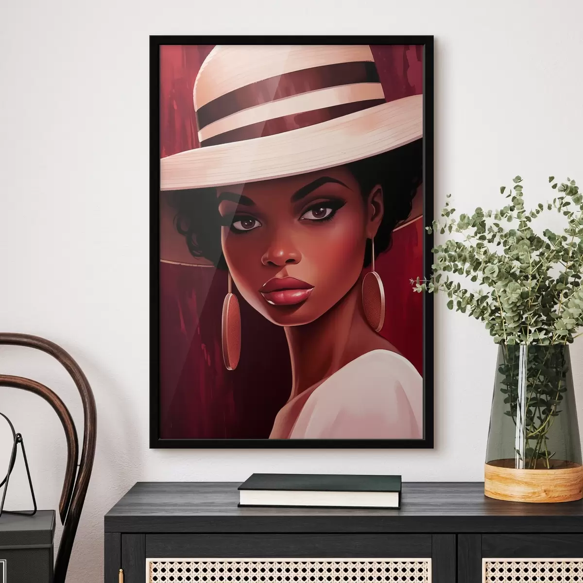 Poster Femme portant un chapeau de couleur claire et des boucles d'oreilles rondes f45323