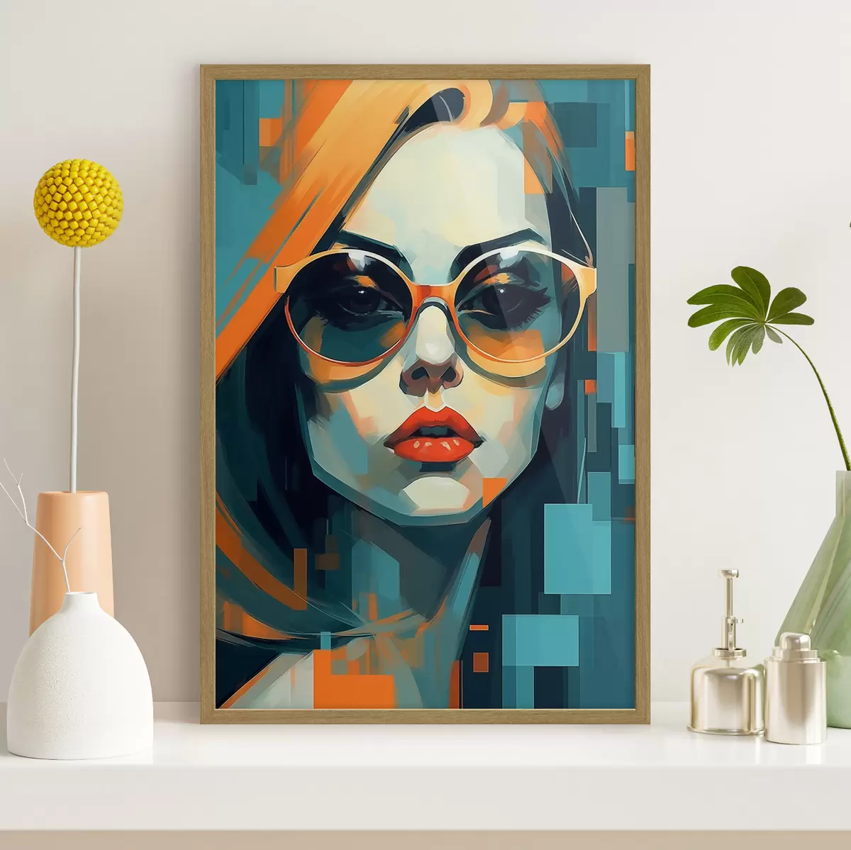 Poster Femme portant des lunettes de soleil dans un style pop art numérique f45327