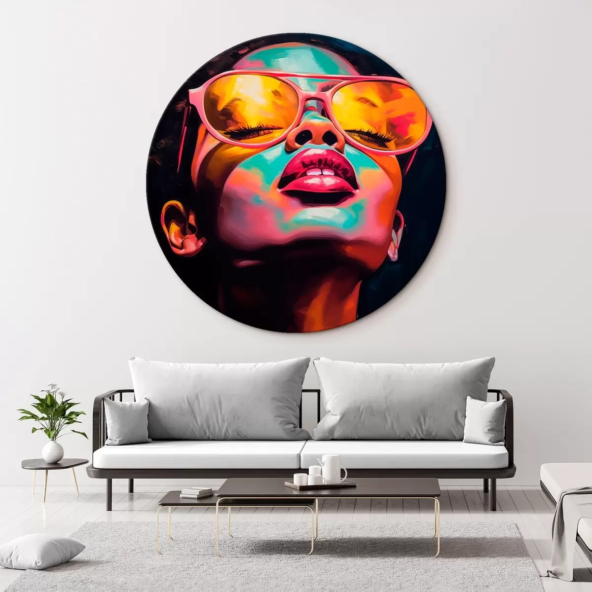Tableaux rondes Femme portant des lunettes jaunes r45311