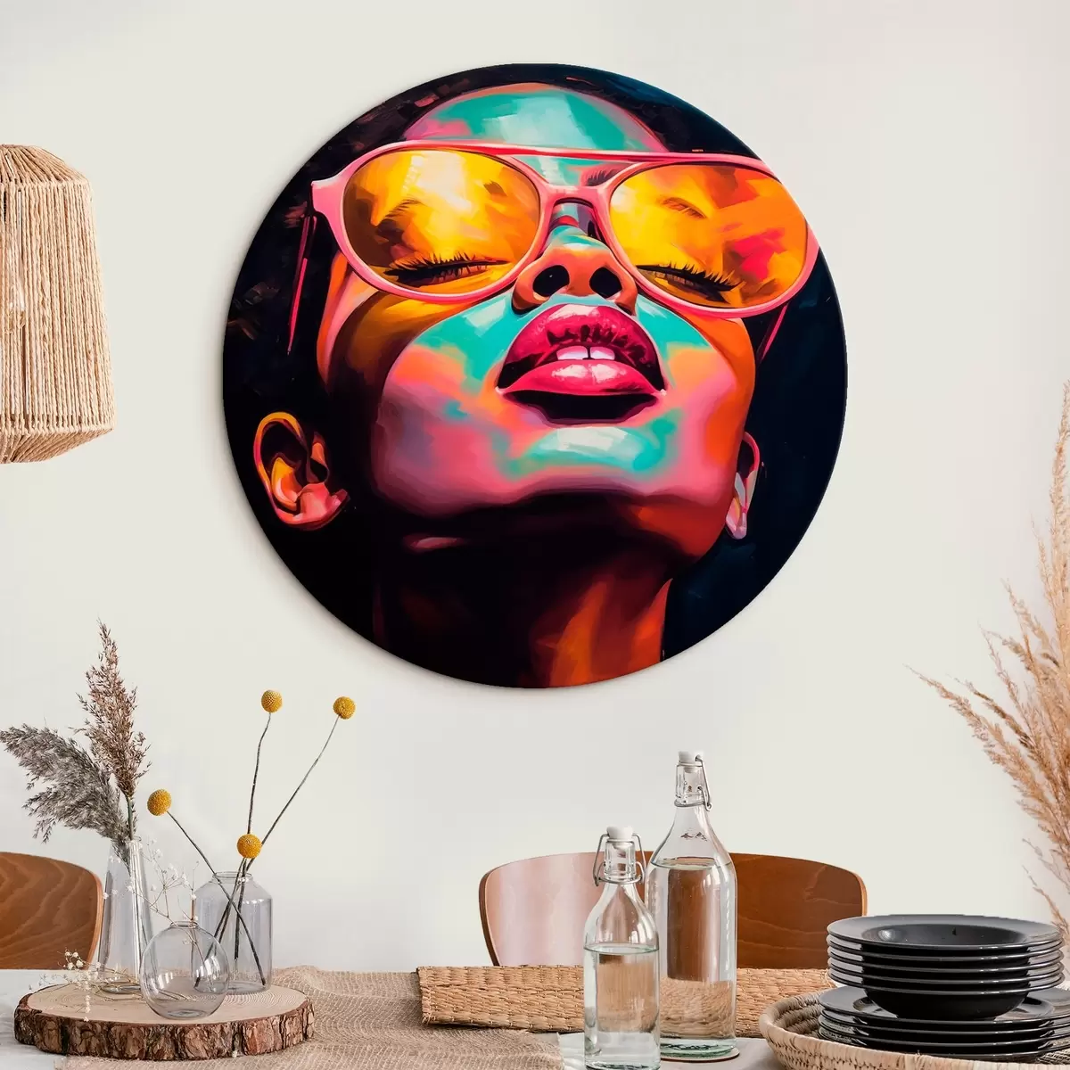 Tableaux rondes Femme portant des lunettes jaunes r45311