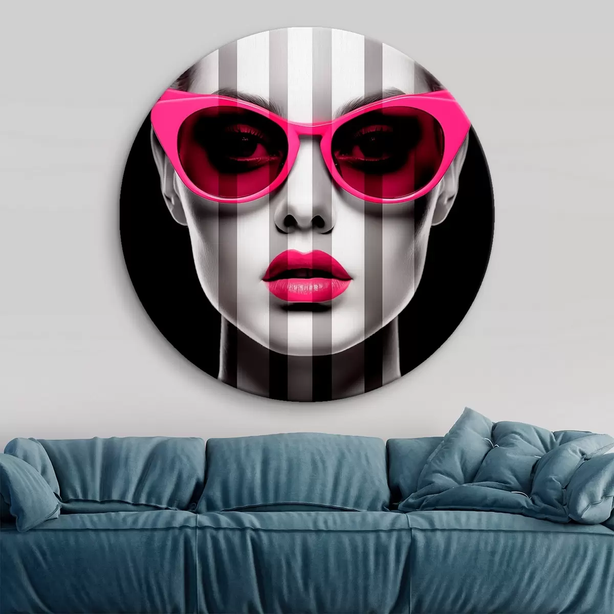 Tableaux rondes Femme portant des lunettes roses à rayures noires et blanches r45315