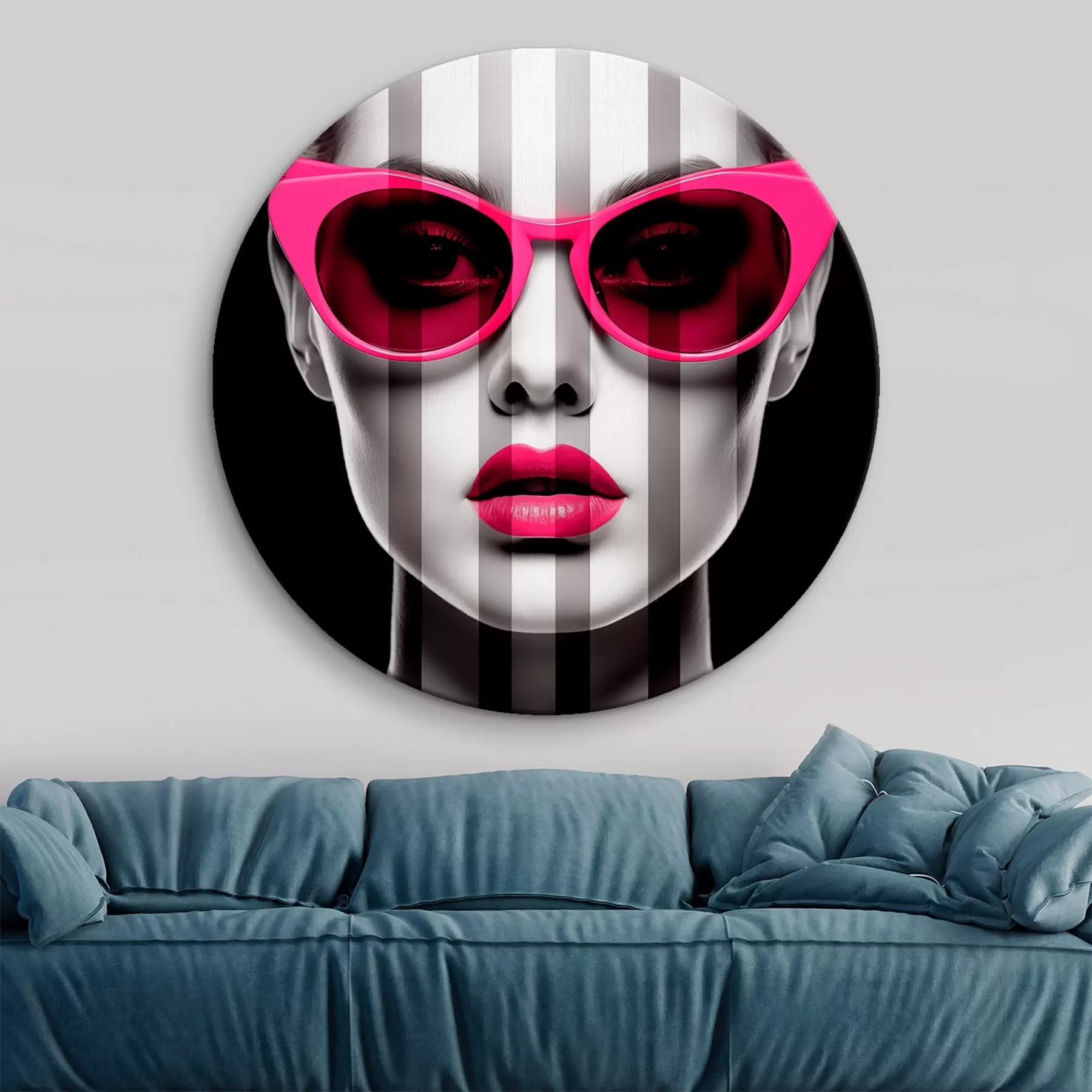Tableau Femme portant des lunettes roses à rayures noires et blanches r45315