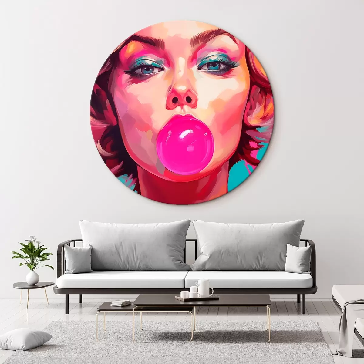 Tableaux rondes Fille avec un chewing-gum rose r45321