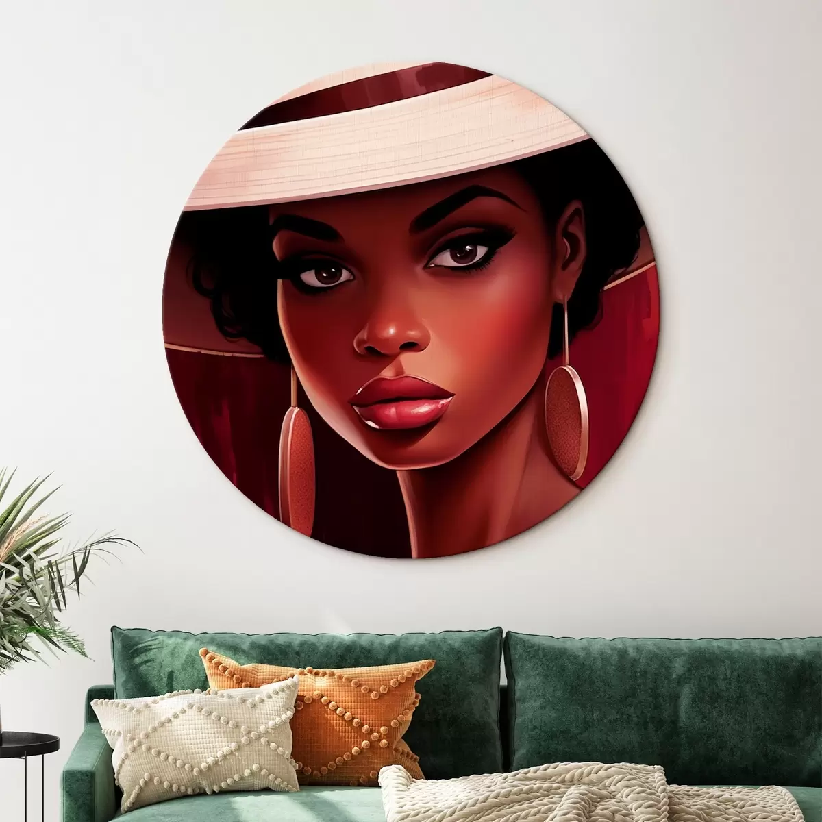 Tableaux rondes Femme portant un chapeau de couleur claire et des boucles d'oreilles rondes r45323