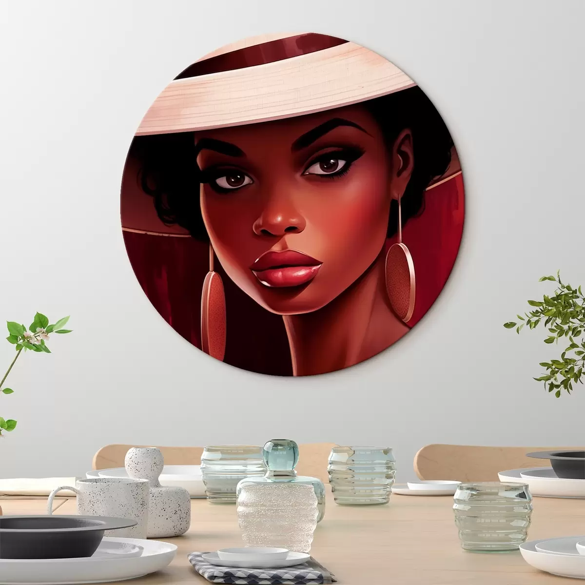 Tableaux rondes Femme portant un chapeau de couleur claire et des boucles d'oreilles rondes r45323