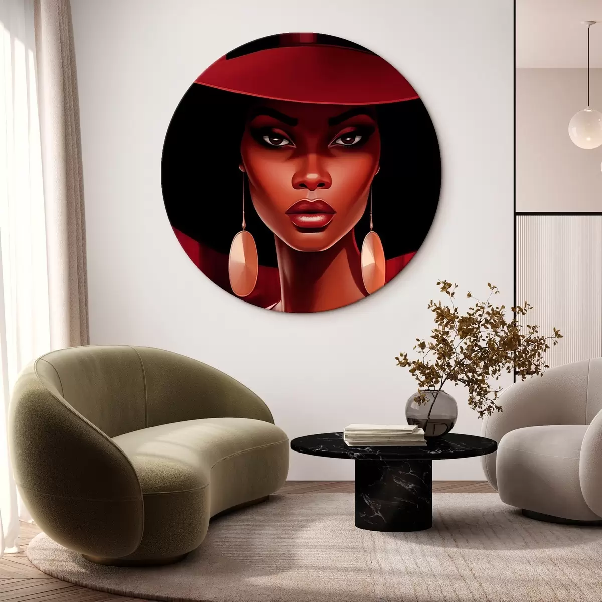 Tableaux rondes Femme avec un chapeau et des boucles d'oreilles rondes r45325