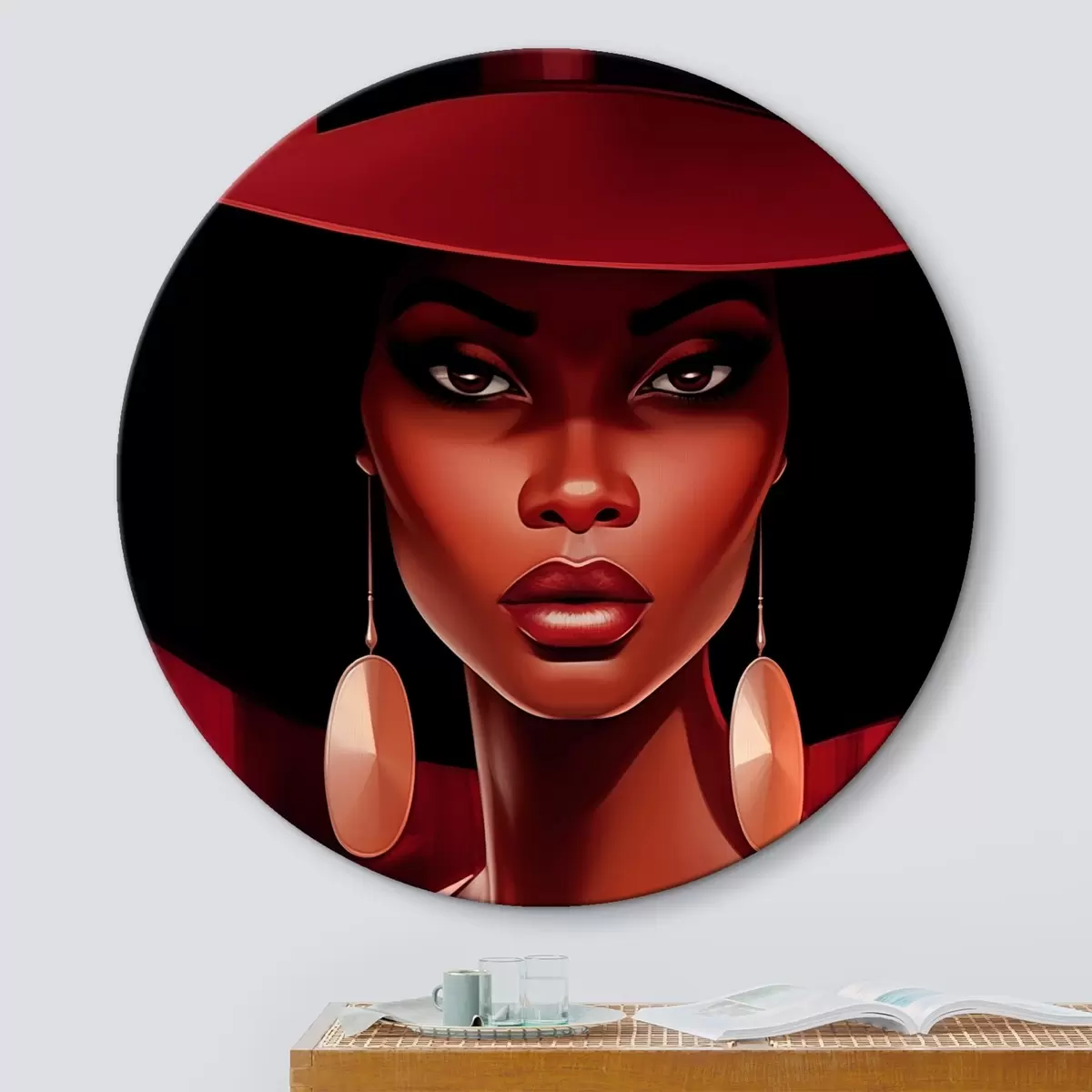Tableaux rondes Femme avec un chapeau et des boucles d'oreilles rondes r45325