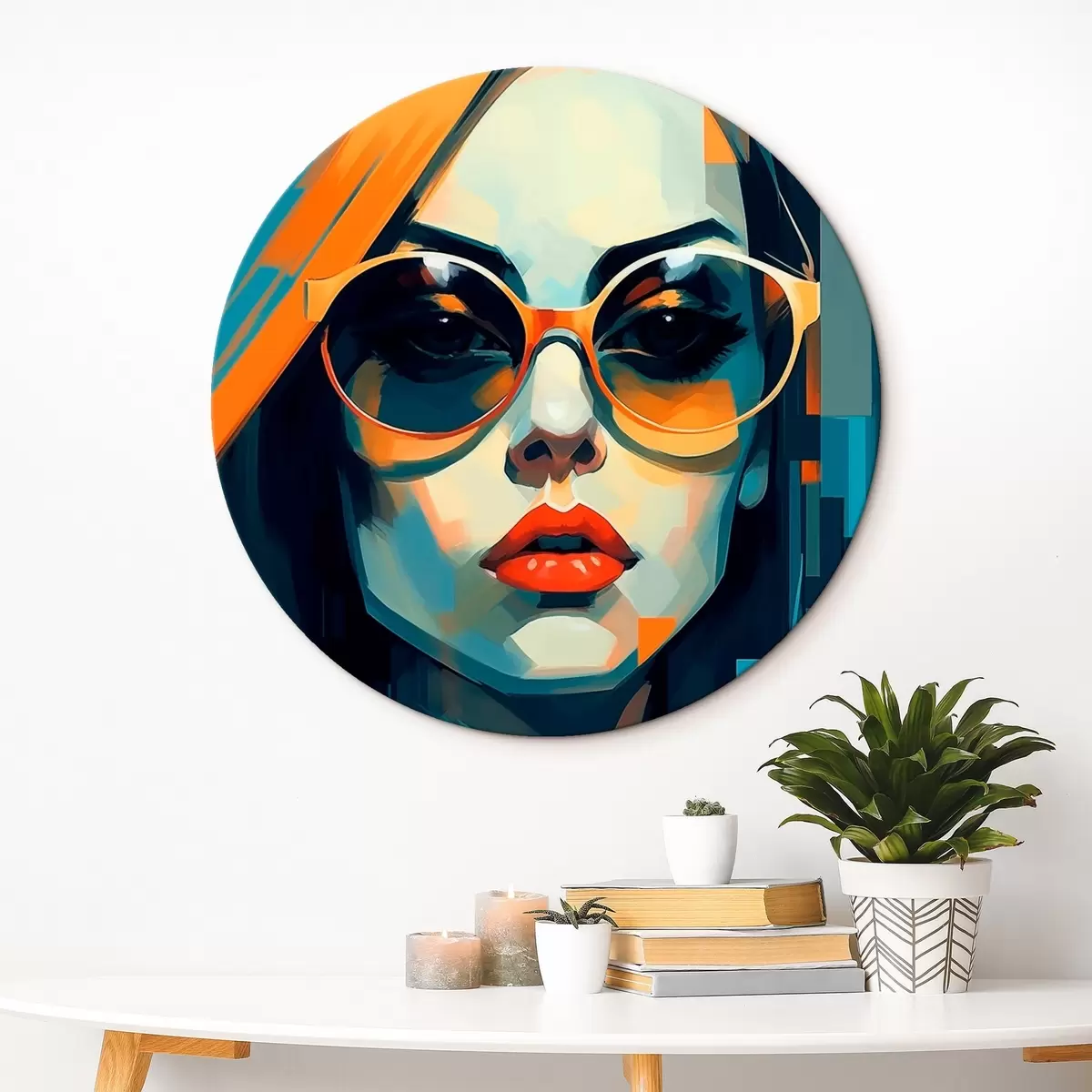 Tableaux rondes Femme portant des lunettes de soleil dans un style pop art numérique r45327