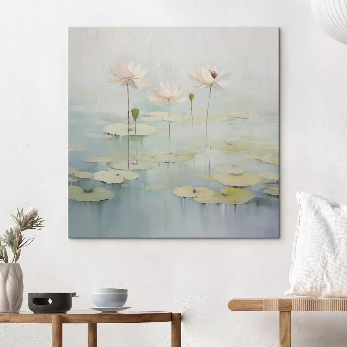 Tableau Feuilles de lotus et fleurs sur l'étang s45350