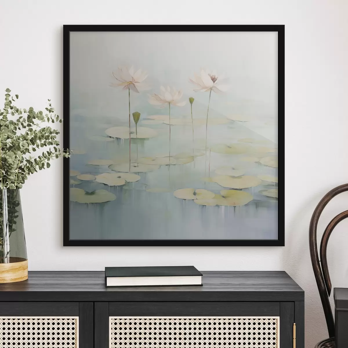 Poster Feuilles de lotus et fleurs sur l'étang f45350