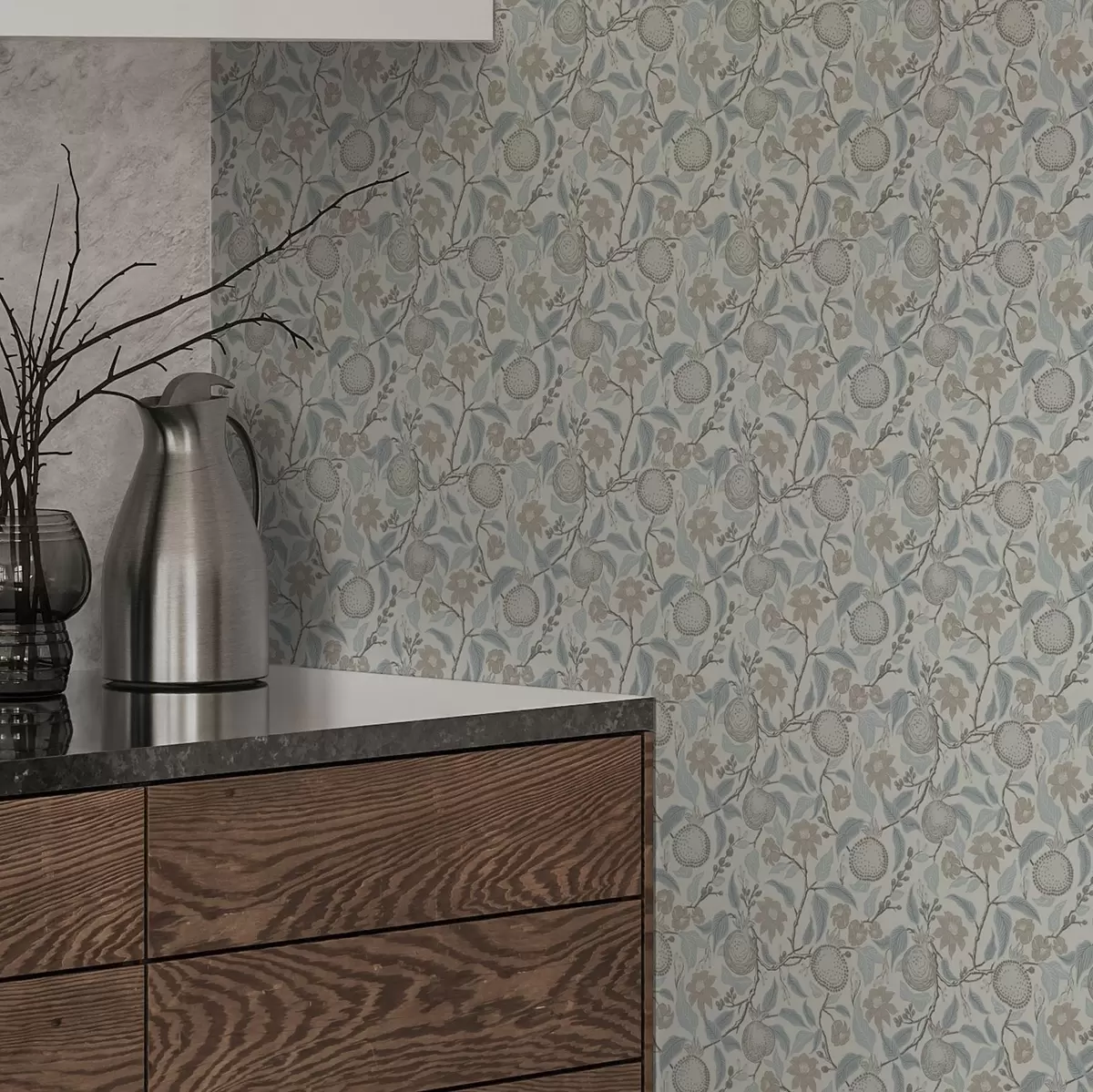 Papier peint Branches de grenades et de fleurs en sourdine dans un style vintage a00383