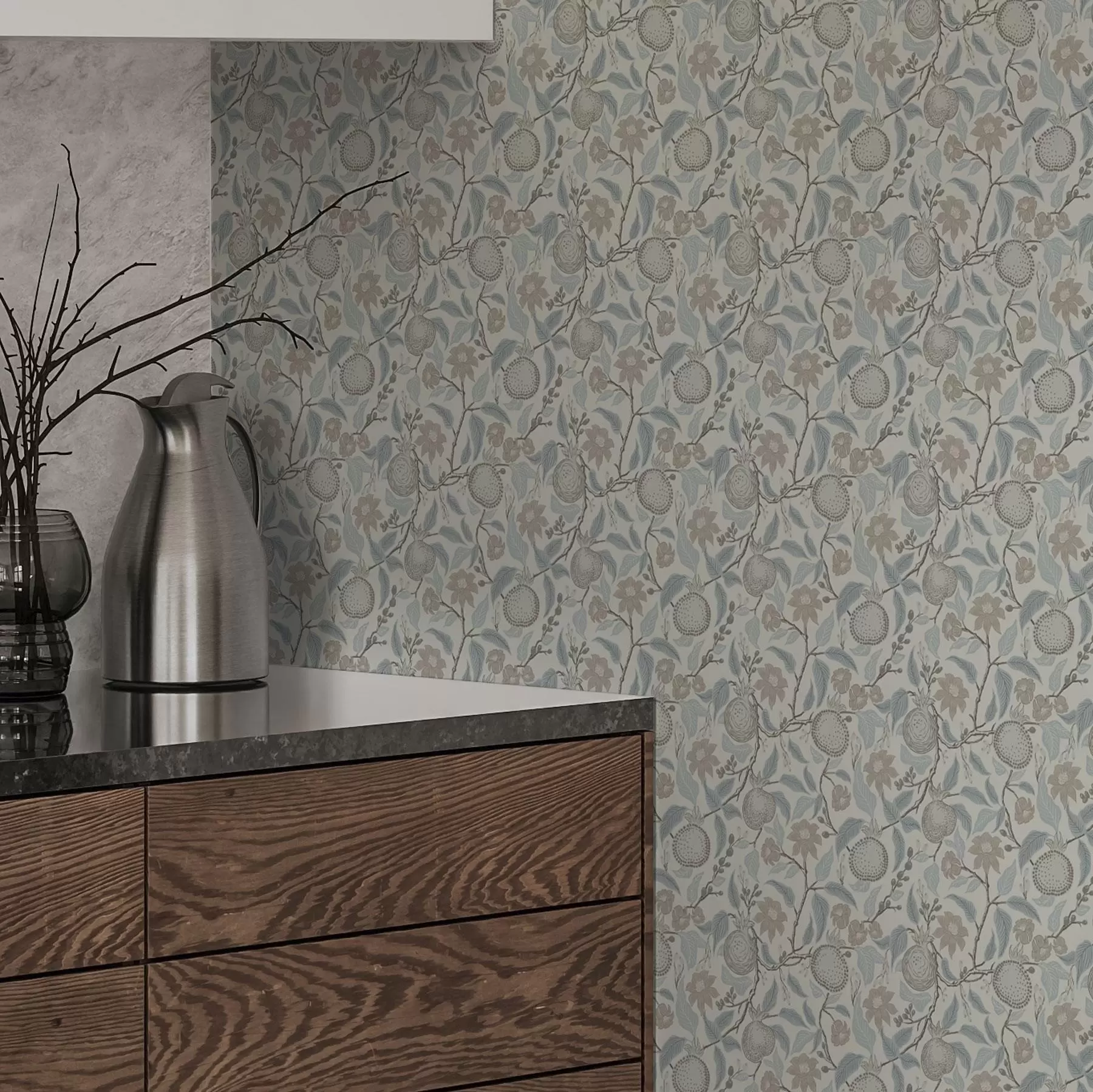 Papier peint Branches de grenades et de fleurs en sourdine dans un style vintage a00383