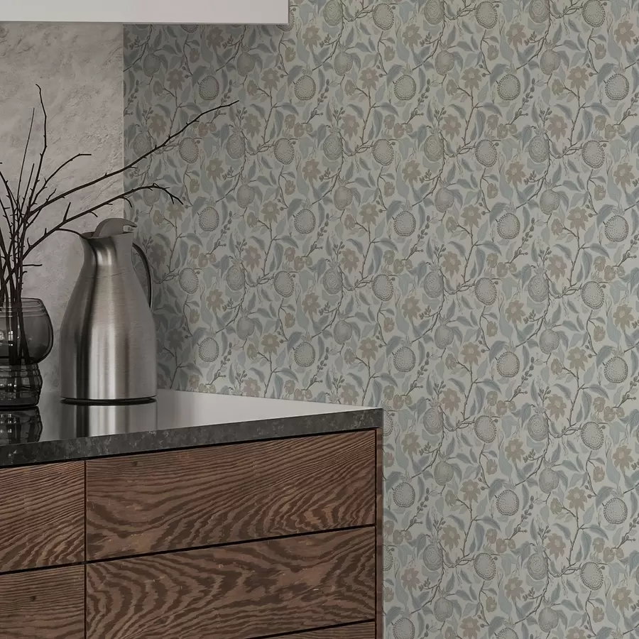 Papier peint Branches de grenades et de fleurs en sourdine dans un style vintage a00383