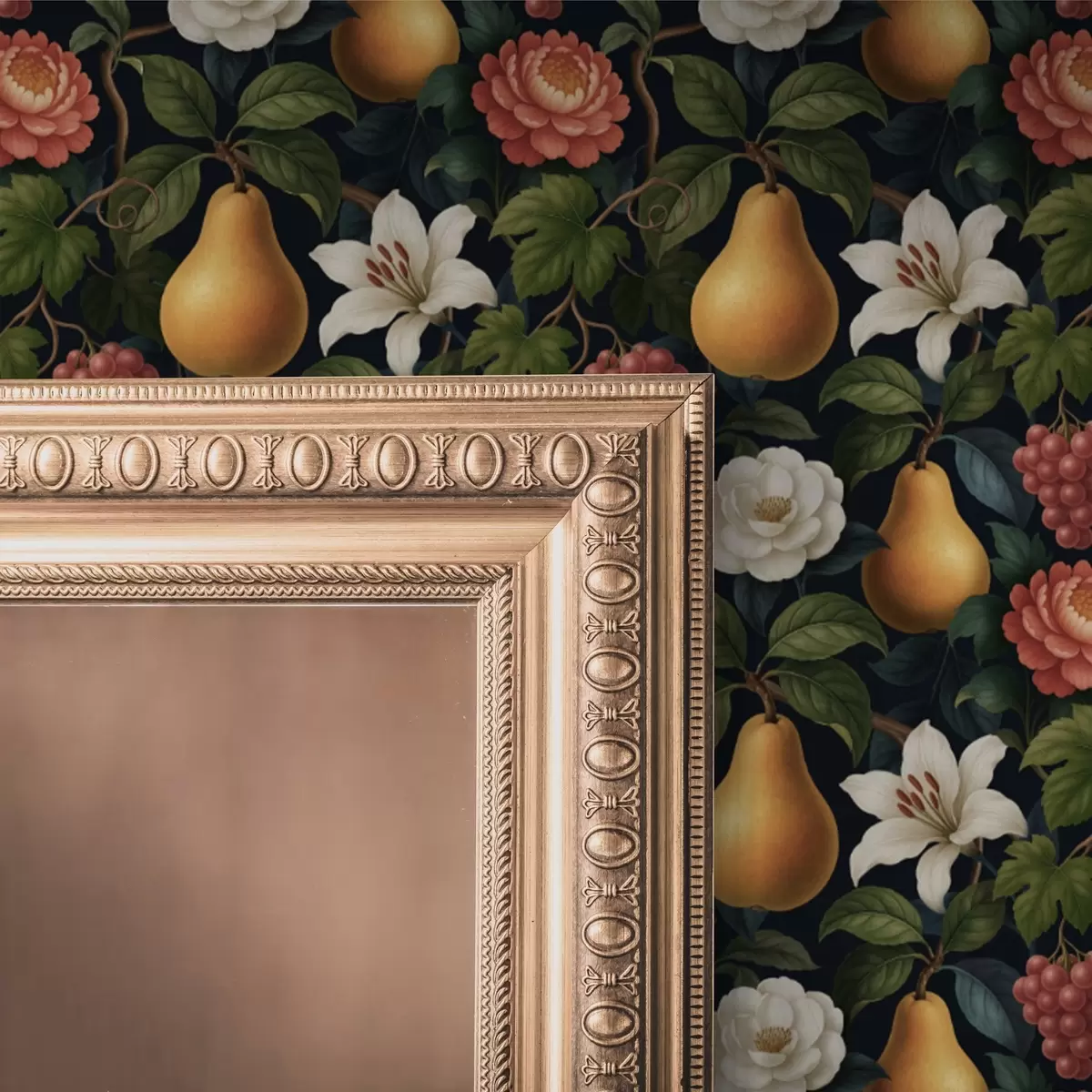 Papier peint Fruits et fleurs baroques sur un fond sombre dramatique a00387
