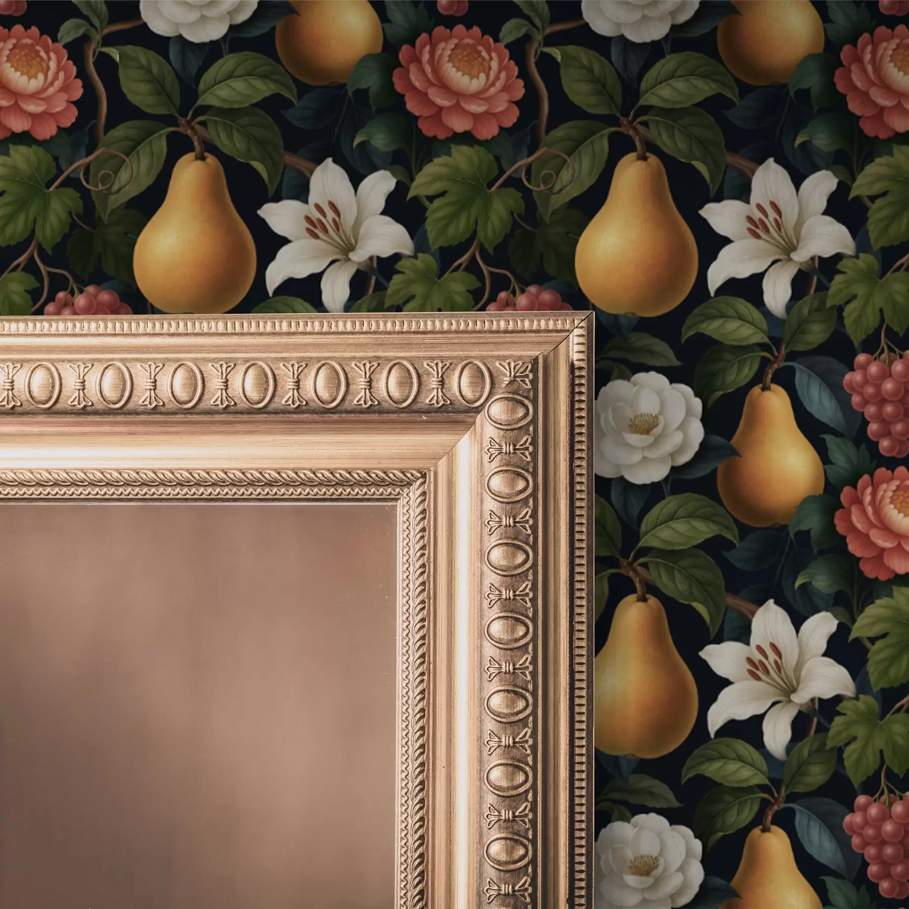Papier peint Fruits et fleurs baroques sur un fond sombre dramatique a00387