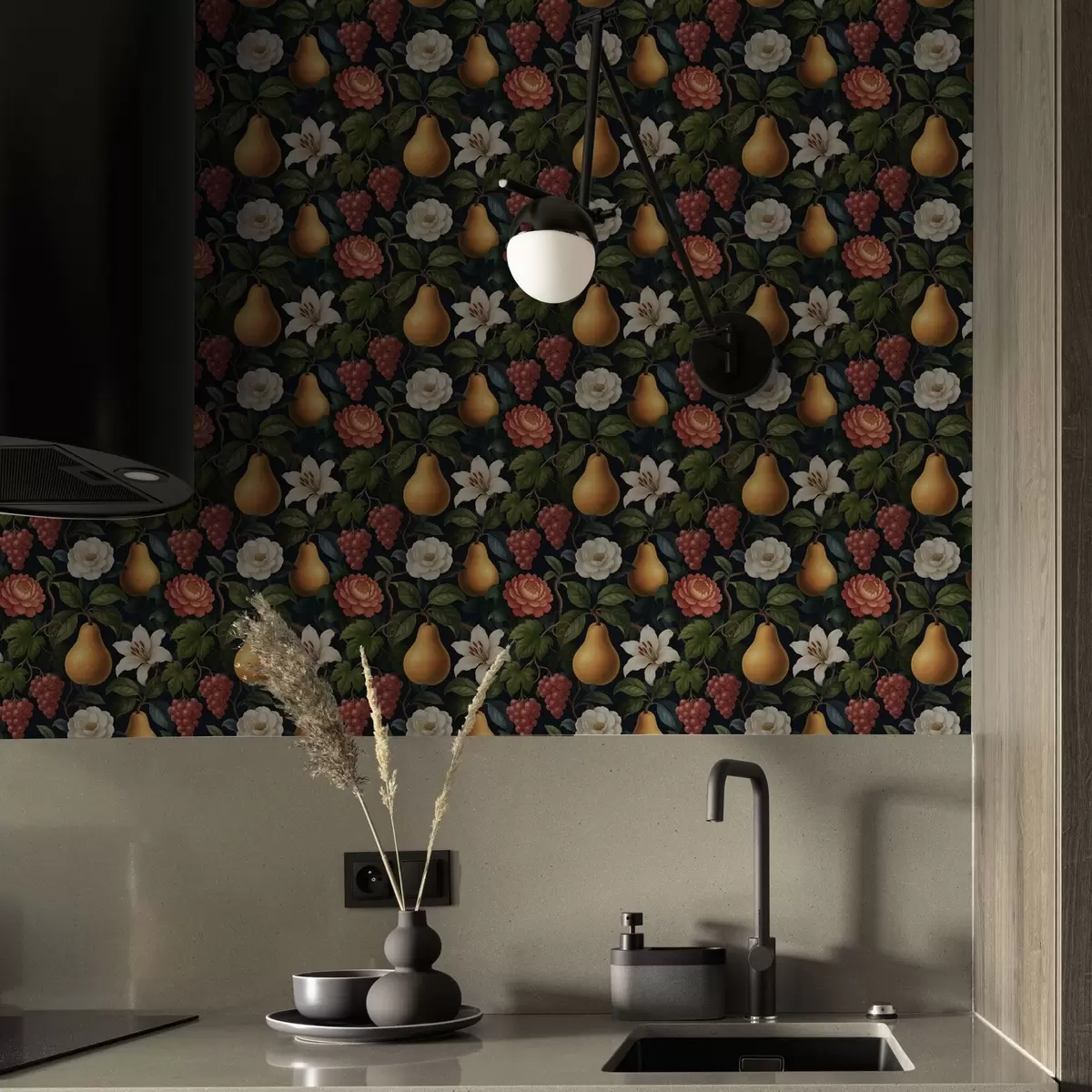 Papier peint Fruits et fleurs baroques sur un fond sombre dramatique a00387