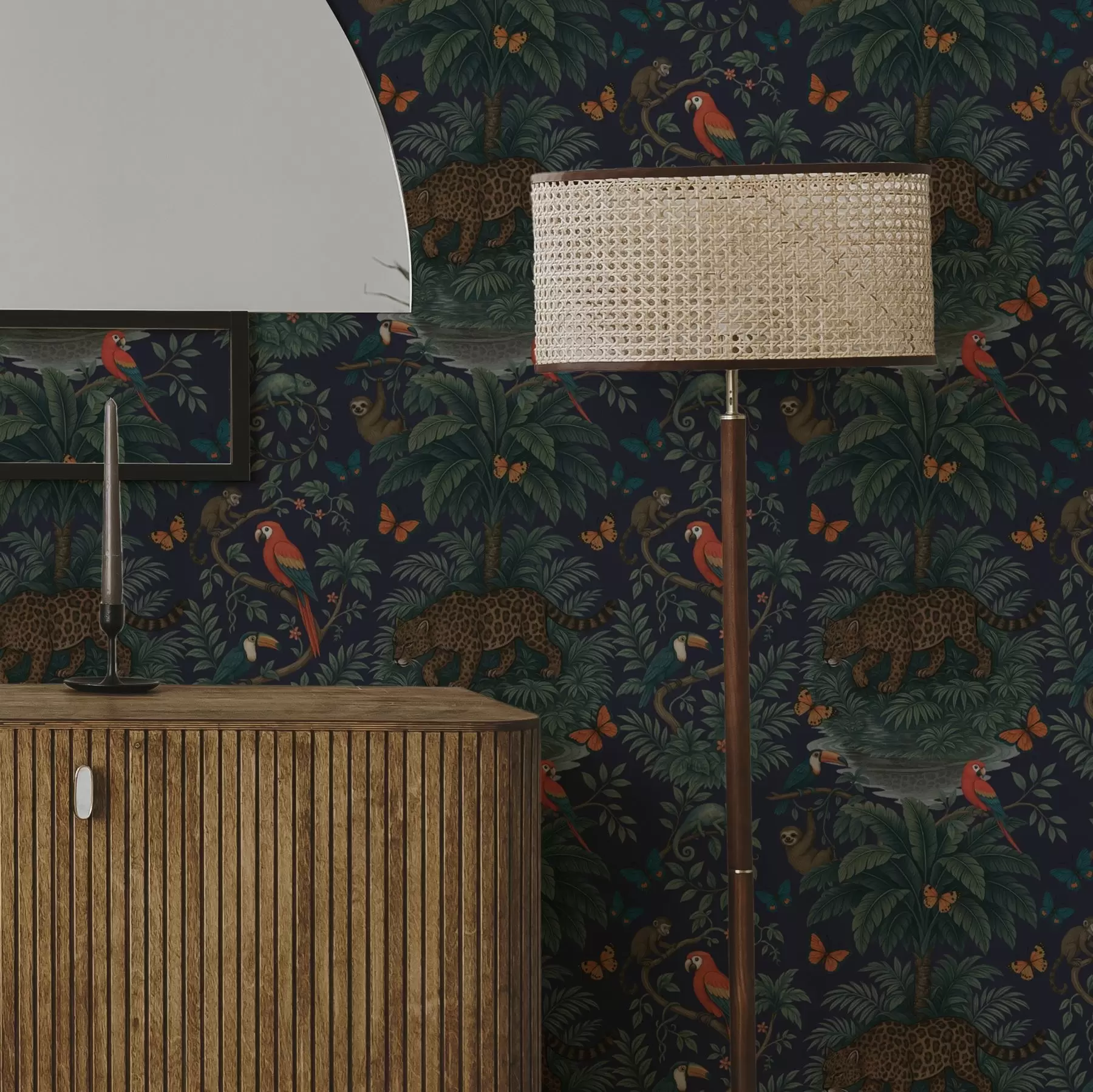 Papier peint Jungle tropicale avec léopard, léopard, perroquets et papillons a00388