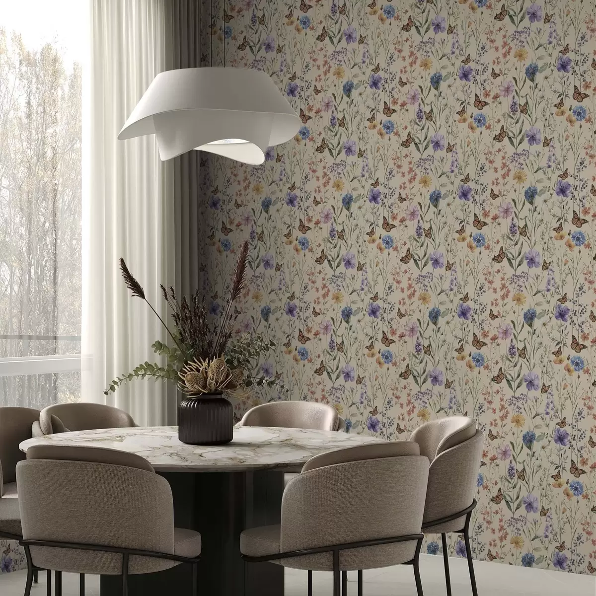 Papier peint Fleurs sauvages et papillons dans un style aquarelle doux a00389
