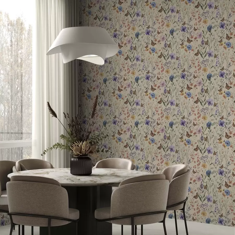 Papier peint Fleurs sauvages et papillons dans un style aquarelle doux a00389