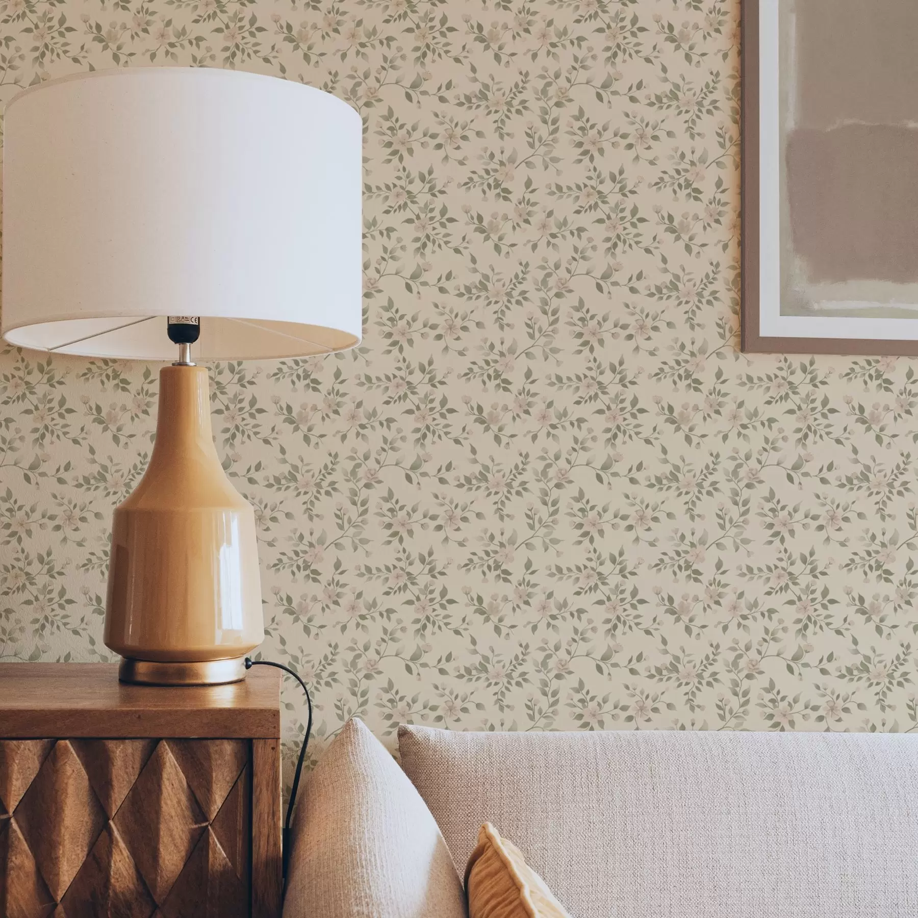 Papier peint Délicates branches de fleurs pastel sur fond beige a00390