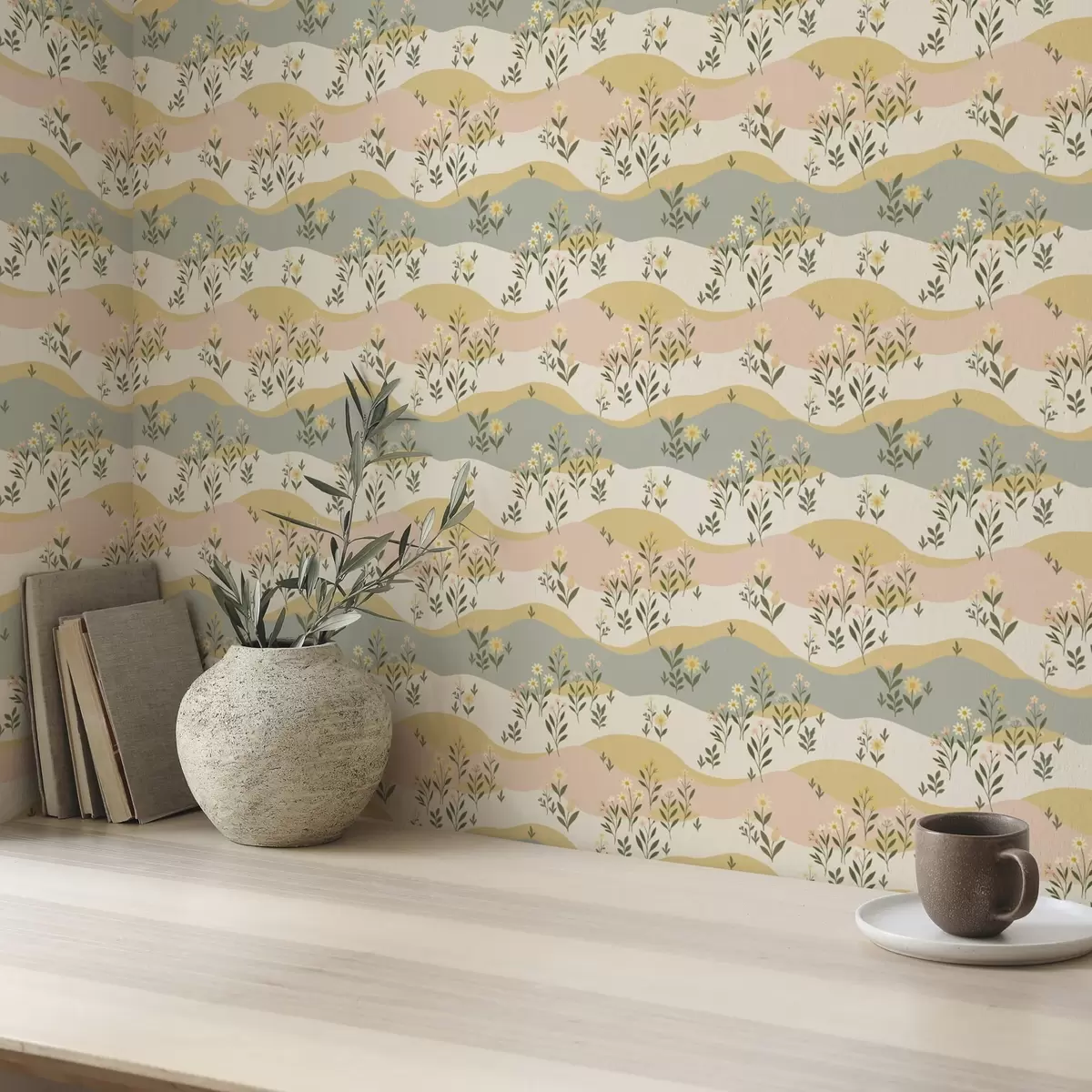Papier peint Fleurs de prairie ondulées dans un style minimaliste pastel a00396