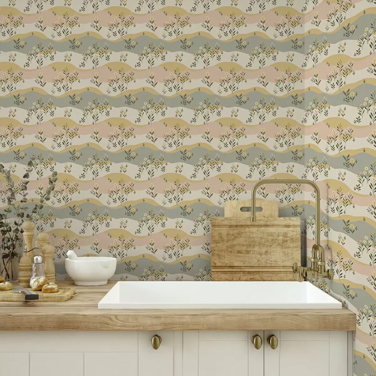 Papier peint Fleurs de prairie ondulées dans un style minimaliste pastel a00396