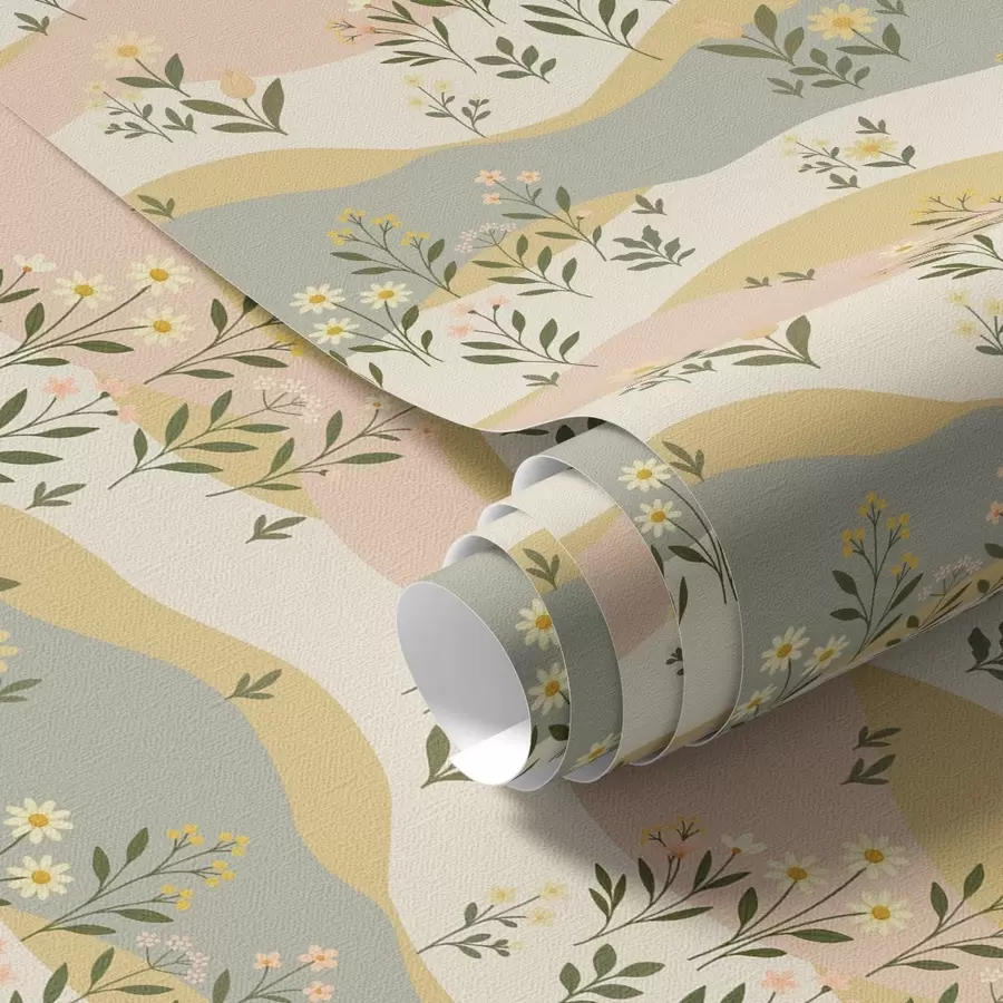 Papier peint Fleurs de prairie ondulées dans un style minimaliste pastel a00396