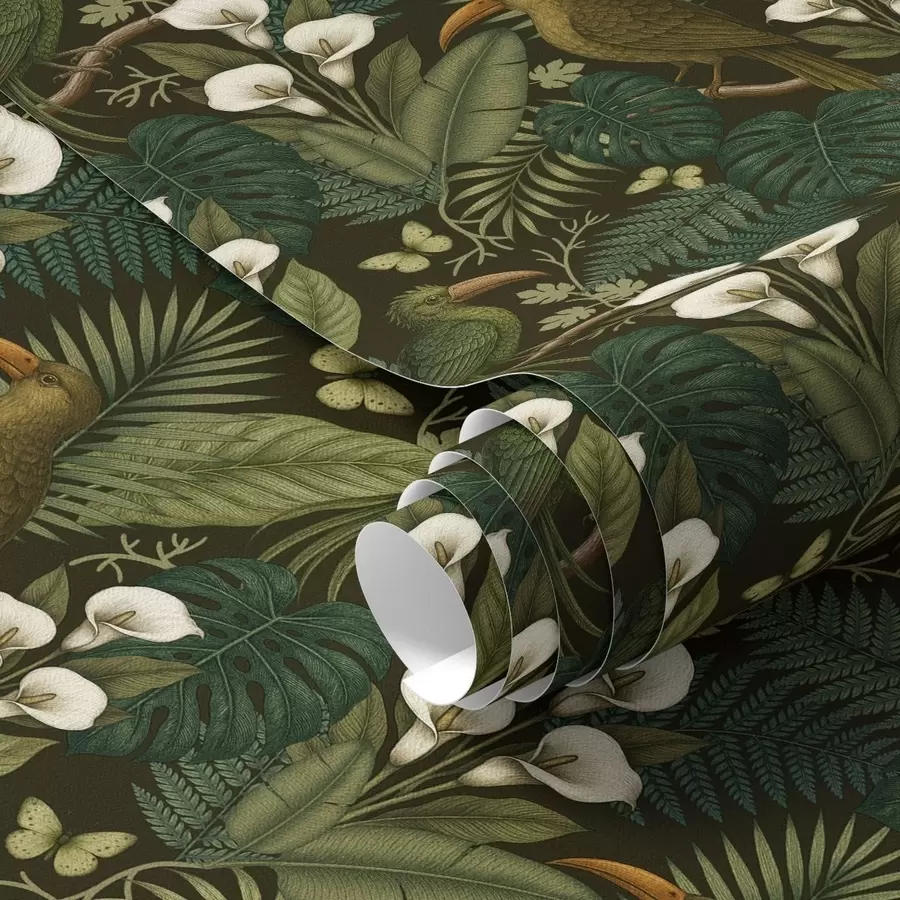 Papier peint Oiseaux tropicaux et verdure luxuriante sur fond de jungle sombre a00397