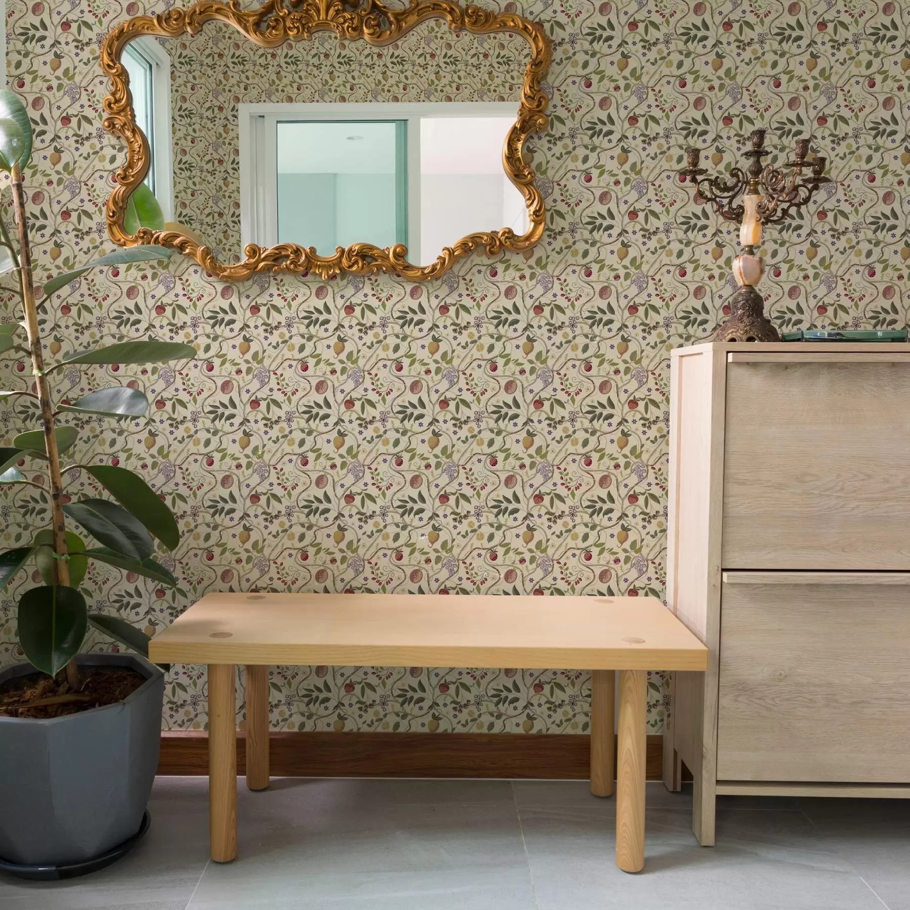 Papier peint Motif de fruits avec baies, branches et fleurs a00428