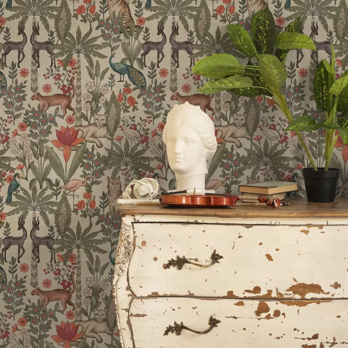 Papier peint Style rétro : Animaux et fleurs sur fond vintage a00431