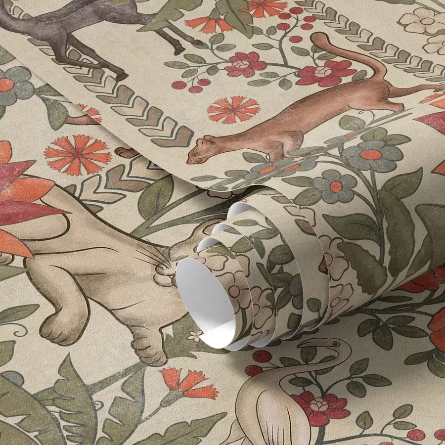 Papier peint Style rétro : Animaux et fleurs sur fond vintage a00431