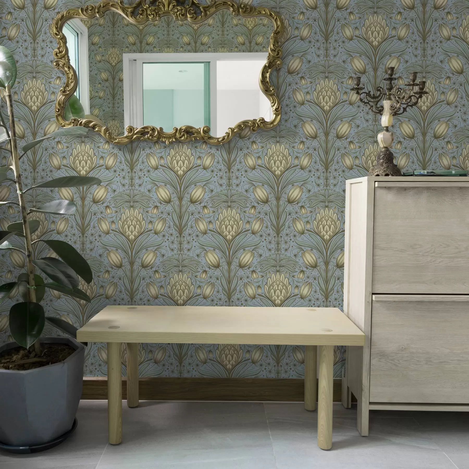 Papier peint Motif bleu avec artichauts et tulipes a00435