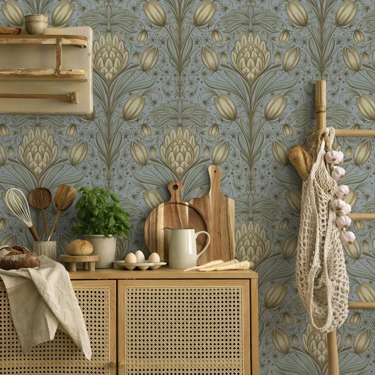 Papier peint Motif bleu avec artichauts et tulipes a00435