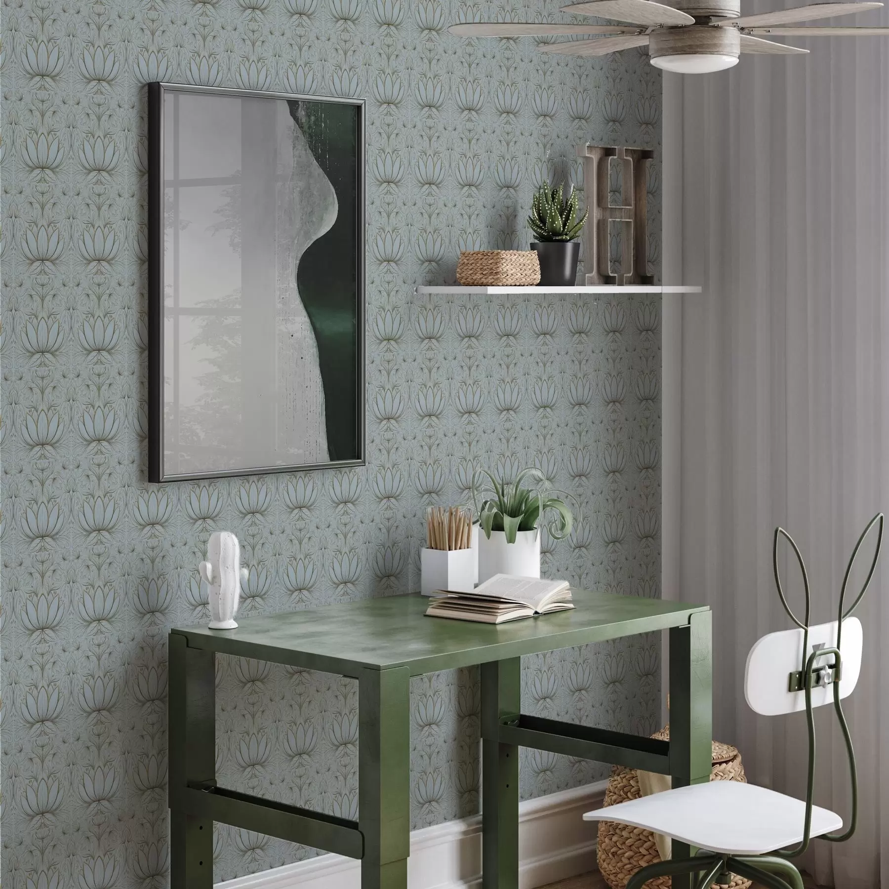 Papier peint Ornement en forme de lotus dans une palette turquoise et dorée a00439