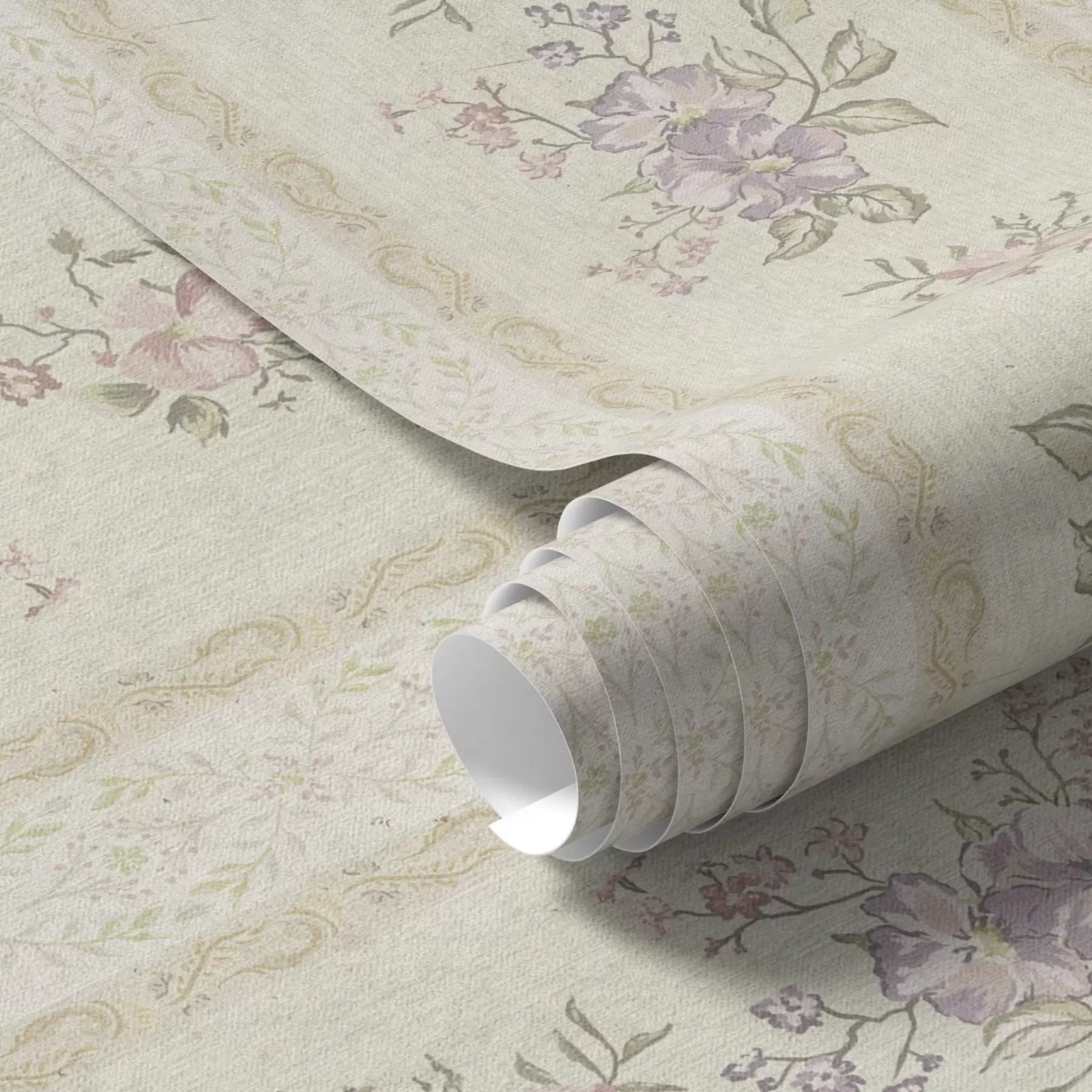 Papier peint Fleurs vintage sur fond rayé avec ornement a00440