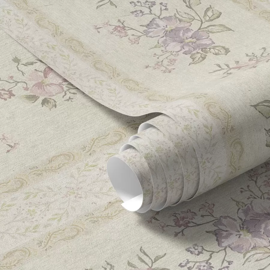 Papier peint Fleurs vintage sur fond rayé avec ornement a00440