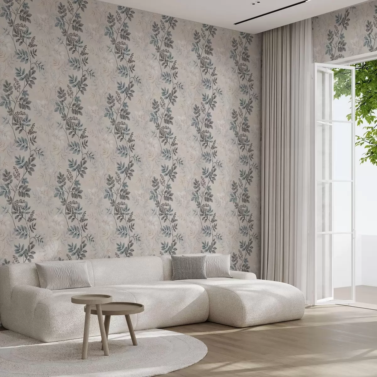 Papier peint Branches de baies dans des tons pastel avec des feuilles gris-bleu a00443