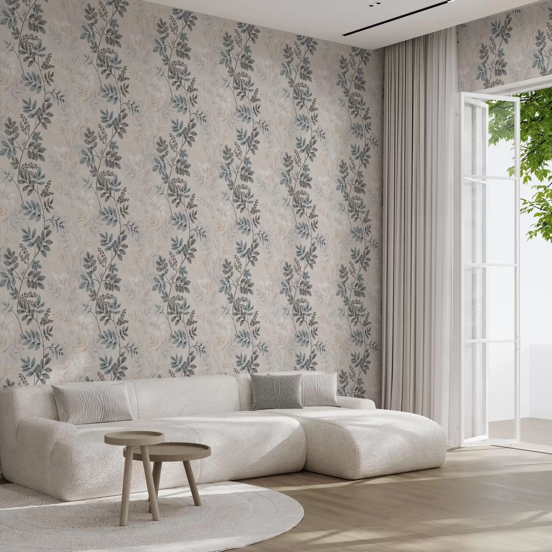 Papier peint Branches de baies dans des tons pastel avec des feuilles gris-bleu a00443