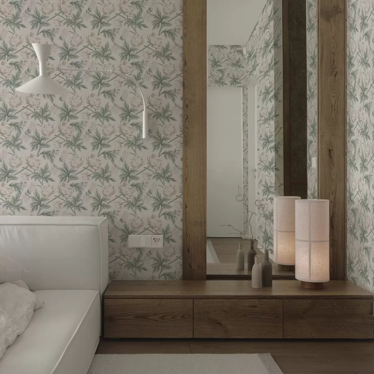 Papier peint Pivoines luxuriantes en beige clair et vert beige et vert a00445