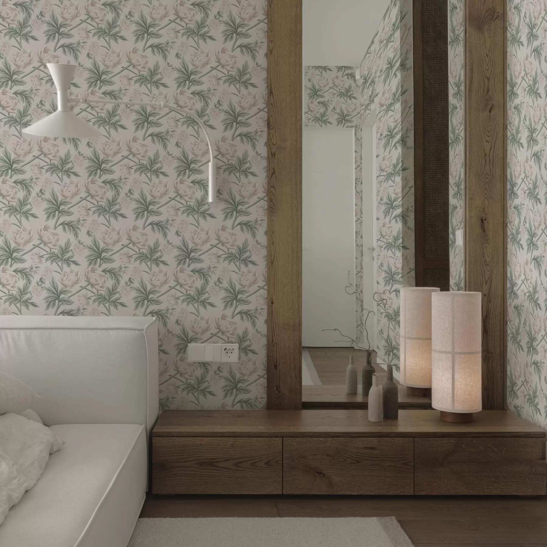 Papier peint Pivoines luxuriantes en beige clair et vert beige et vert a00445
