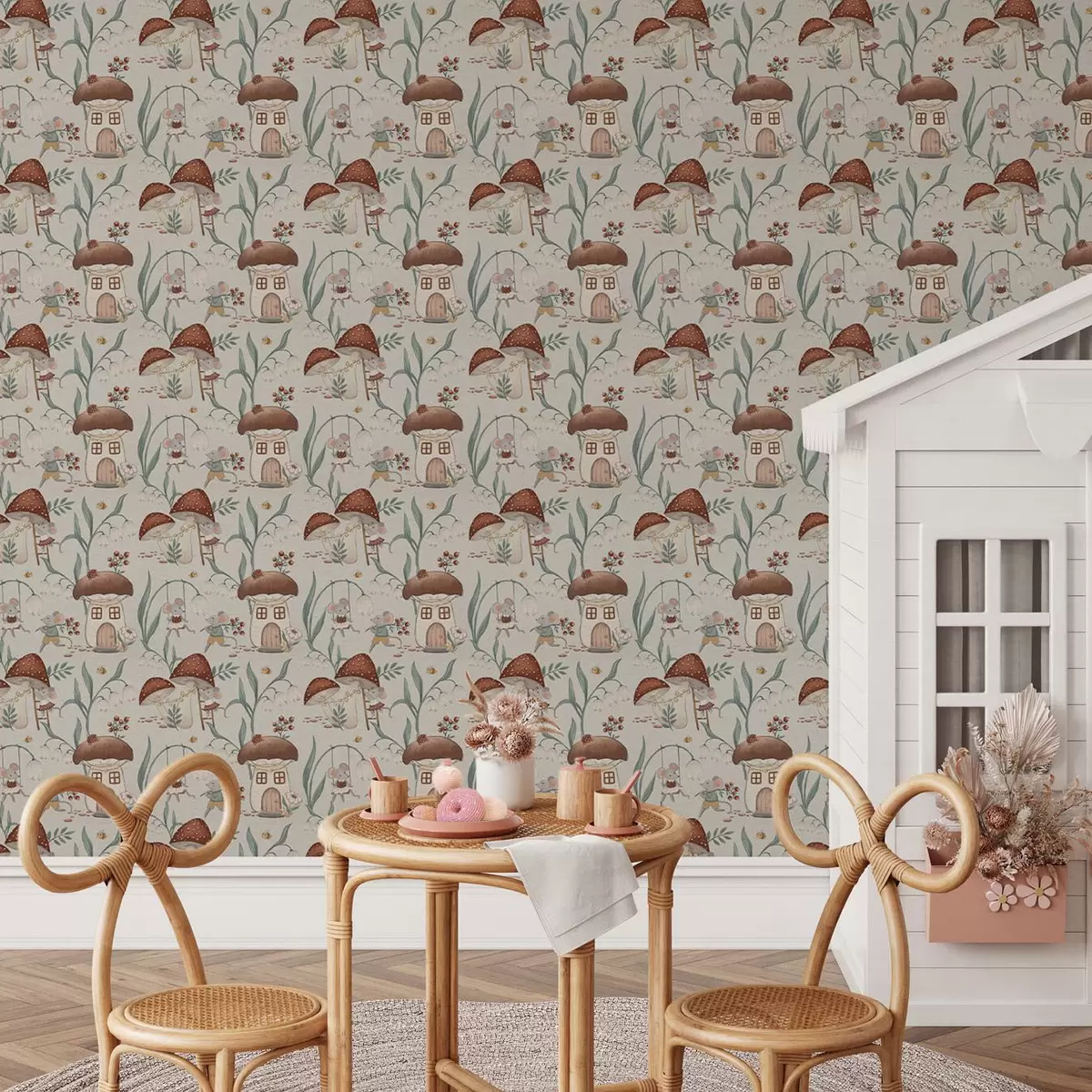 Papier peint Souris mignonnes et champignons sur fond de paysage forestier fantaisiste a00450