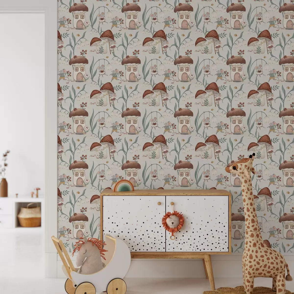 Papier peint Souris mignonnes et champignons sur fond de paysage forestier fantaisiste a00450